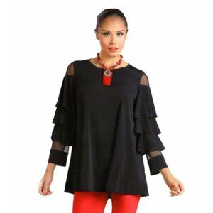 IC Collection Layered Sleeve with Mesh Long Sleeve Black Knit Tunic Top S